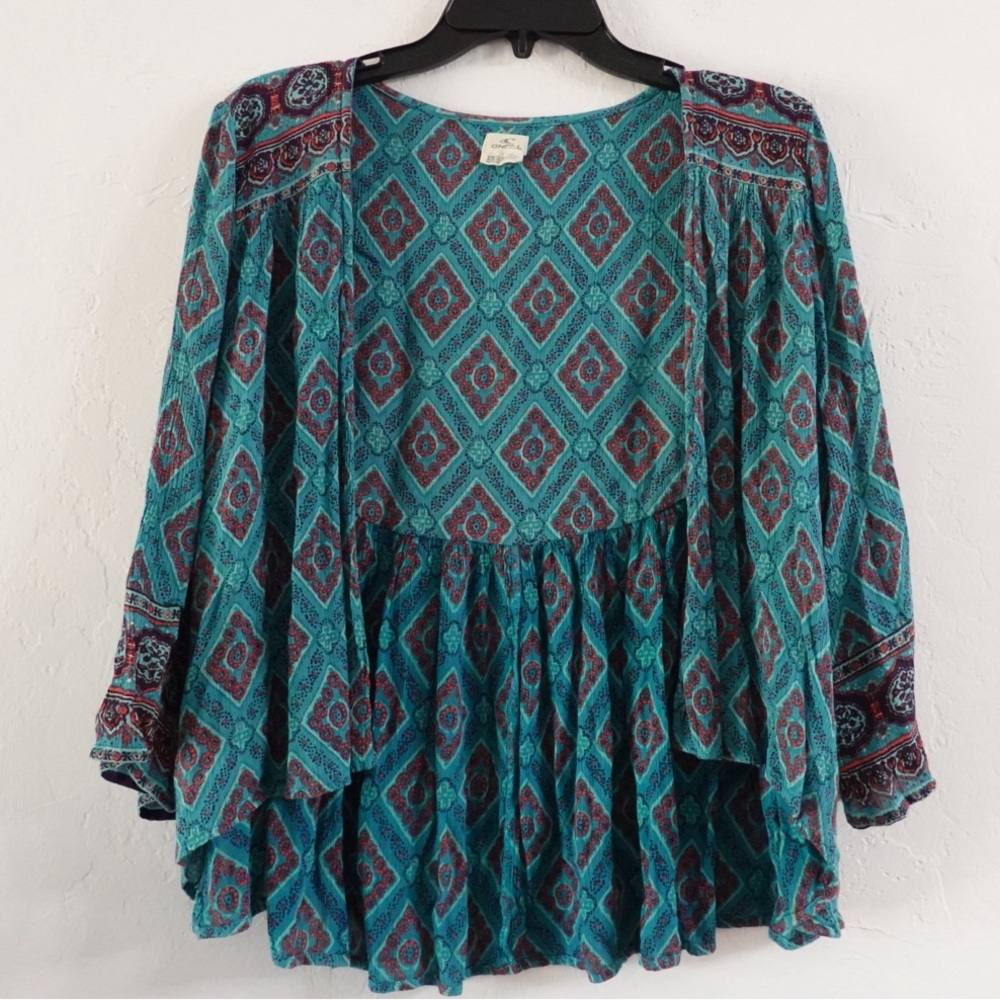 O’Neill Boho Open-Front Kimono Cardigan – Size XS/S, Teal/Red‎ Geometric